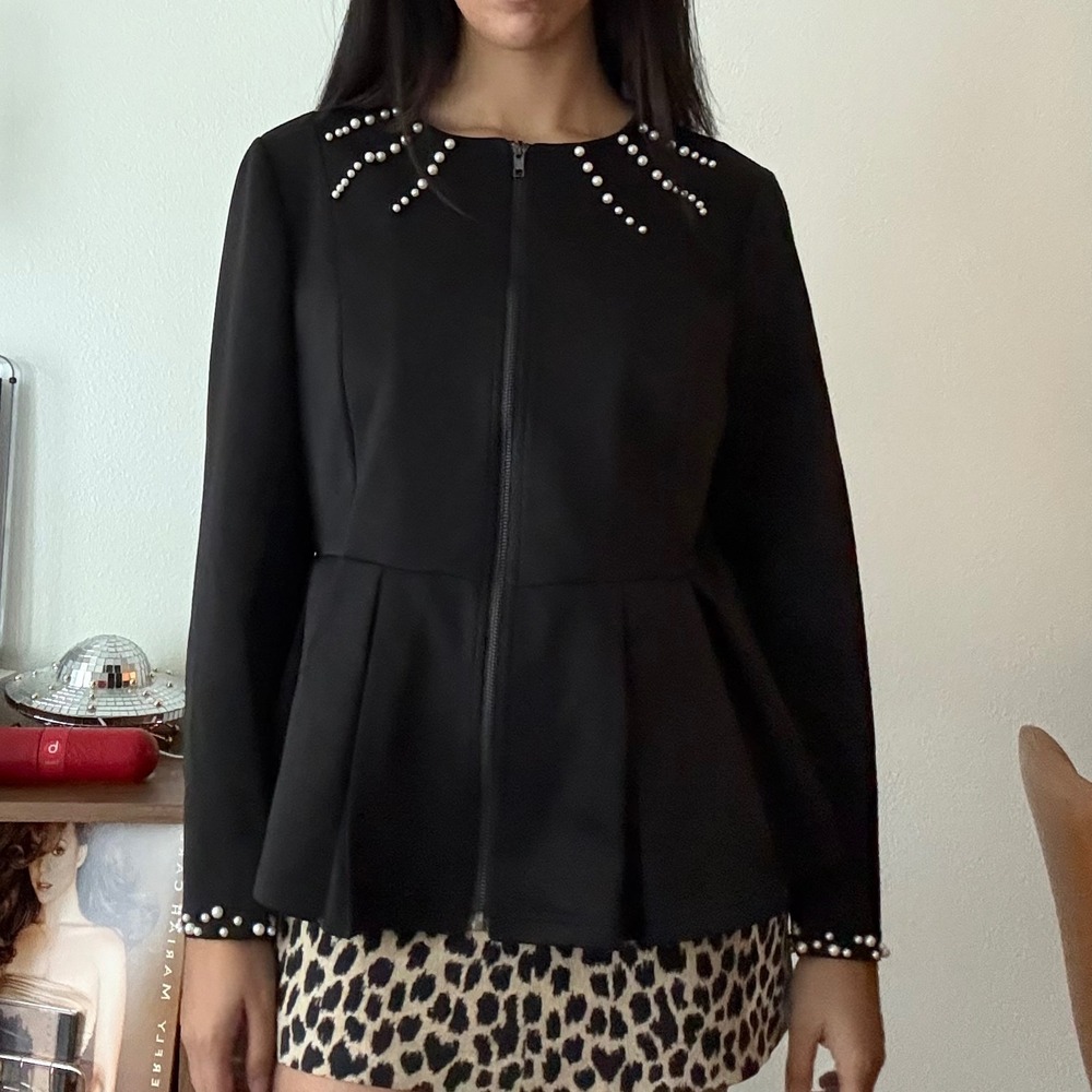 BloomChic Black Pearl Embellished Peplum Zip Front Jacket Plus Size 14-16 NEW